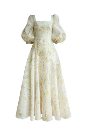 French Style Botanical Print Maxi Dress with Large Neckline, Waist-Cinching Design - Sweet and Elegant Fashion for Every Occasion