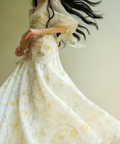 French Style Botanical Print Maxi Dress with Large Neckline, Waist-Cinching Design - Sweet and Elegant Fashion for Every Occasion