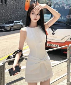 French-Style Bow Sleeveless Dress for Women - High-End Waist-Cinching Slim Mini Skirt for Summer, Chic Design for Fashion Lovers