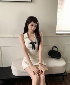 French-Style Bow Sleeveless Halter Dress for Women - Waist-Cinching, Backless Short Skirt Perfect for Summer Parties