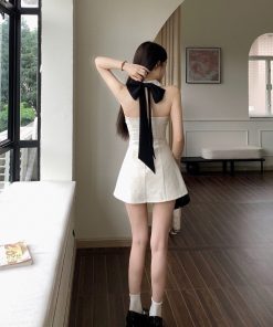 French-Style Bow Sleeveless Halter Dress for Women - Waist-Cinching, Backless Short Skirt Perfect for Summer Parties
