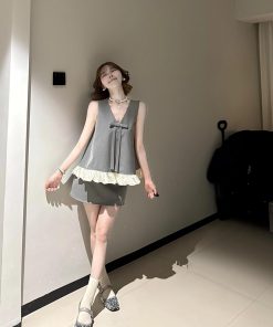 French-Style Bow Sleeveless Top & Bodycon Mini Skirt Set for Women - High-End Temperament Summer Fashion