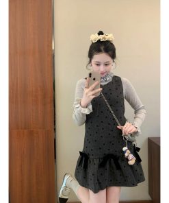 French-style Bow Tie Polka Dot Vest Dress for Women, Short Skirt Shirt Top, Perfect for Spring, Chic 90s Inspired Fashion