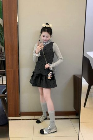 French-style Bow Tie Polka Dot Vest Dress for Women, Short Skirt Shirt Top, Perfect for Spring, Chic 90s Inspired Fashion