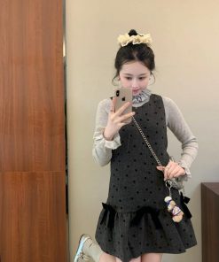 French-style Bow Tie Polka Dot Vest Dress for Women, Short Skirt Shirt Top, Perfect for Spring, Chic 90s Inspired Fashion