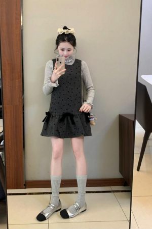 French-style Bow Tie Polka Dot Vest Dress for Women, Short Skirt Shirt Top, Perfect for Spring, Chic 90s Inspired Fashion
