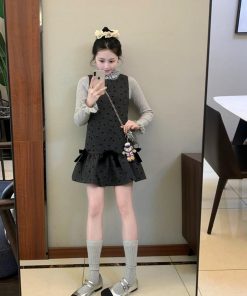 French-style Bow Tie Polka Dot Vest Dress for Women, Short Skirt Shirt Top, Perfect for Spring, Chic 90s Inspired Fashion