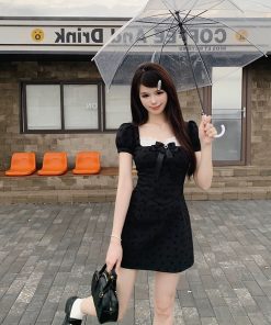 French-Style Bow Tie Spliced Black Dress for Women, Waist-Cinching Elegant A-Line Mini Dress for Summer, Chic High-End Fashion