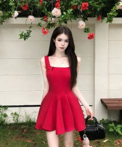 French-Style Bow Tie Strap Dress for Women - Fitted Waist, Sleeveless Short Skirt, Elegant Summer Vacation Look
