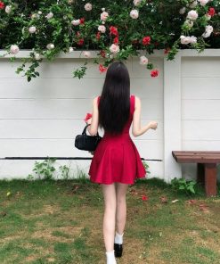 French-Style Bow Tie Strap Dress for Women - Fitted Waist, Sleeveless Short Skirt, Elegant Summer Vacation Look