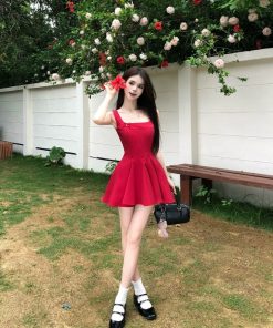 French-Style Bow Tie Strap Dress for Women - Fitted Waist, Sleeveless Short Skirt, Elegant Summer Vacation Look