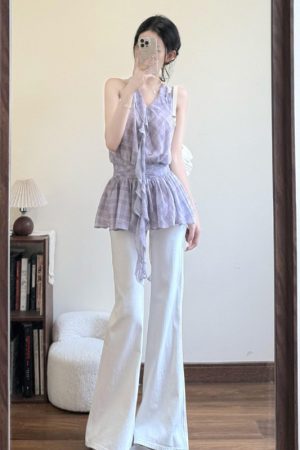 French-Style Checkered Chiffon Sleeveless Dress with Floating Ribbon Lace Edge - Women's Loose Summer Fashion