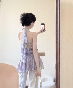 French-Style Checkered Chiffon Sleeveless Dress with Floating Ribbon Lace Edge - Women's Loose Summer Fashion