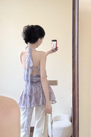 French-Style Checkered Chiffon Sleeveless Dress with Floating Ribbon Lace Edge - Women's Loose Summer Fashion