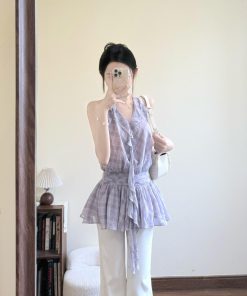 French-Style Checkered Chiffon Sleeveless Dress with Floating Ribbon Lace Edge - Women's Loose Summer Fashion