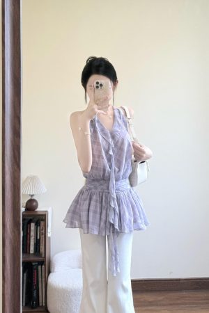 French-Style Checkered Chiffon Sleeveless Dress with Floating Ribbon Lace Edge - Women's Loose Summer Fashion