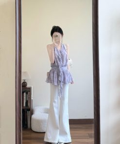 French-Style Checkered Chiffon Sleeveless Dress with Floating Ribbon Lace Edge - Women's Loose Summer Fashion