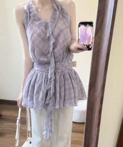 French-Style Checkered Chiffon Sleeveless Dress with Floating Ribbon Lace Edge - Women's Loose Summer Fashion
