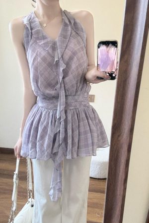French-Style Checkered Chiffon Sleeveless Dress with Floating Ribbon Lace Edge - Women's Loose Summer Fashion