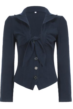 French-Style Deep Blue Bow Tie Long Sleeve Shirt - Vintage Aristocratic Low-Cut Waist-Cinching Top for Chic Casual Looks