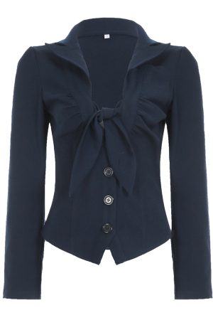 French-Style Deep Blue Bow Tie Long Sleeve Shirt - Vintage Aristocratic Low-Cut Waist-Cinching Top for Chic Casual Looks