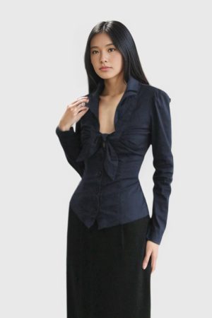 French-Style Deep Blue Bow Tie Long Sleeve Shirt - Vintage Aristocratic Low-Cut Waist-Cinching Top for Chic Casual Looks
