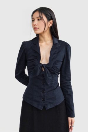 French-Style Deep Blue Bow Tie Long Sleeve Shirt - Vintage Aristocratic Low-Cut Waist-Cinching Top for Chic Casual Looks
