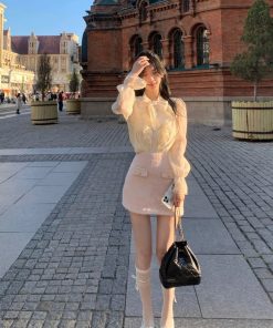 French-Style Elegant Short Jacket for Women - Petite Fit, Perfect for Spring Layering with Skirt and Shirt Set