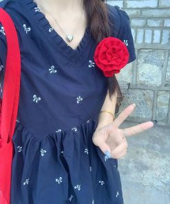 French Style Embroidered Bow Tie Dress for Women, Sweet V-Neck Short Doll Dress, Summer Fashion, Romantic Look