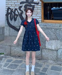 French Style Embroidered Bow Tie Dress for Women, Sweet V-Neck Short Doll Dress, Summer Fashion, Romantic Look