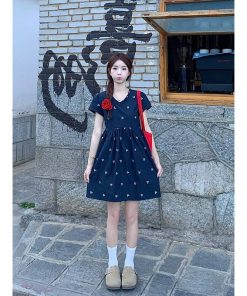 French Style Embroidered Bow Tie Dress for Women, Sweet V-Neck Short Doll Dress, Summer Fashion, Romantic Look