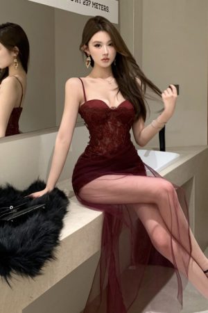 French-Style Evening Gown Long Dress for Women, Sexy Lace Mesh Splicing, Spaghetti Strap, Elegant Banquet Dress, Socialite Fashion