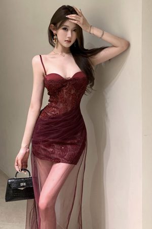 French-Style Evening Gown Long Dress for Women, Sexy Lace Mesh Splicing, Spaghetti Strap, Elegant Banquet Dress, Socialite Fashion