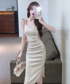French-Style Fitted Sequin Evening Gown - High-End Light Luxury Mid-Length Spaghetti Strap Dress for Socialites
