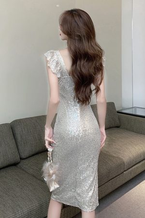 French-Style Fitted Sequin Evening Gown - High-End Light Luxury Mid-Length Spaghetti Strap Dress for Socialites
