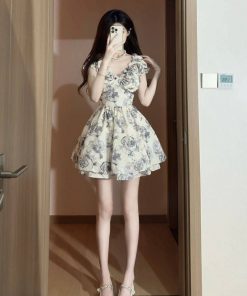 French-Style Floral Dress for Women - Ink Rose, Waist-Cinching, Stylish Short Skirt for Summer, Trendy Hot Girl Fashion