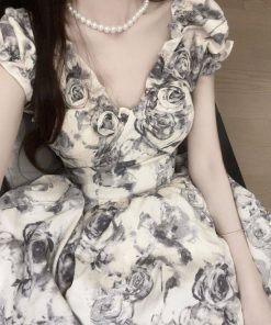 French-Style Floral Dress for Women - Ink Rose, Waist-Cinching, Stylish Short Skirt for Summer, Trendy Hot Girl Fashion
