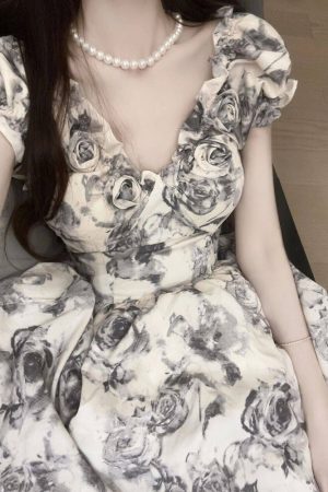French-Style Floral Dress for Women - Ink Rose, Waist-Cinching, Stylish Short Skirt for Summer, Trendy Hot Girl Fashion