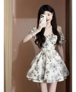 French-Style Floral Dress for Women - Ink Rose, Waist-Cinching, Stylish Short Skirt for Summer, Trendy Hot Girl Fashion