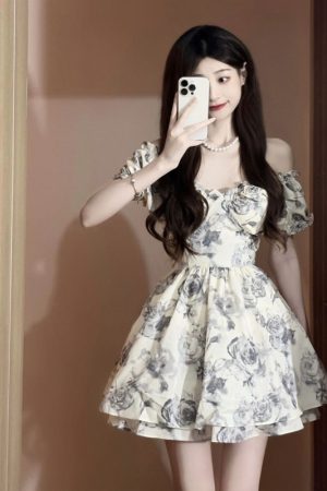 French-Style Floral Dress for Women - Ink Rose, Waist-Cinching, Stylish Short Skirt for Summer, Trendy Hot Girl Fashion