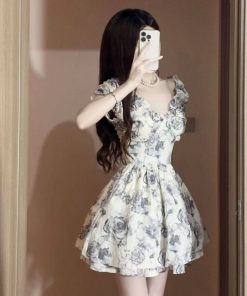 French-Style Floral Dress for Women - Ink Rose, Waist-Cinching, Stylish Short Skirt for Summer, Trendy Hot Girl Fashion