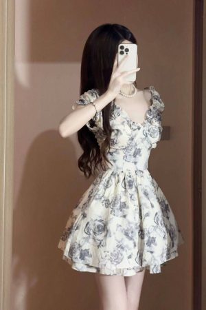 French-Style Floral Dress for Women - Ink Rose, Waist-Cinching, Stylish Short Skirt for Summer, Trendy Hot Girl Fashion