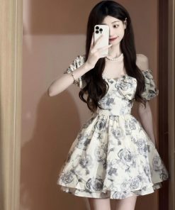 French-Style Floral Dress for Women - Ink Rose, Waist-Cinching, Stylish Short Skirt for Summer, Trendy Hot Girl Fashion