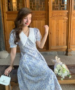 French-Style Floral Dress with Doll Collar and Waist-Cinching Design for Women - Elegant Summer Seaside Vacation Long Skirt