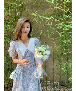 French-Style Floral Dress with Doll Collar and Waist-Cinching Design for Women - Elegant Summer Seaside Vacation Long Skirt