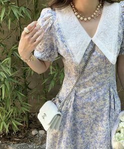 French-Style Floral Dress with Doll Collar and Waist-Cinching Design for Women - Elegant Summer Seaside Vacation Long Skirt