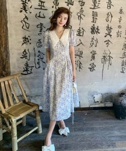 French-Style Floral Dress with Doll Collar and Waist-Cinching Design for Women - Elegant Summer Seaside Vacation Long Skirt
