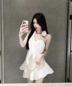 French-Style Floral Halter Top and Skirt Set for Women - Summer Vacation White Dress