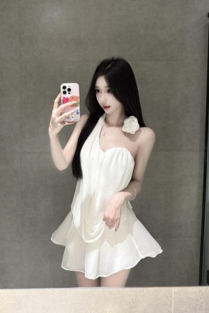 French-Style Floral Halter Top and Skirt Set for Women - Summer Vacation White Dress