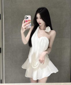 French-Style Floral Halter Top and Skirt Set for Women - Summer Vacation White Dress